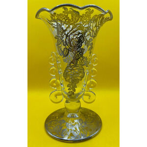Vintage 1940s Heisey Glass Lariat Crimped Top Vase With Silver Overlay Roses